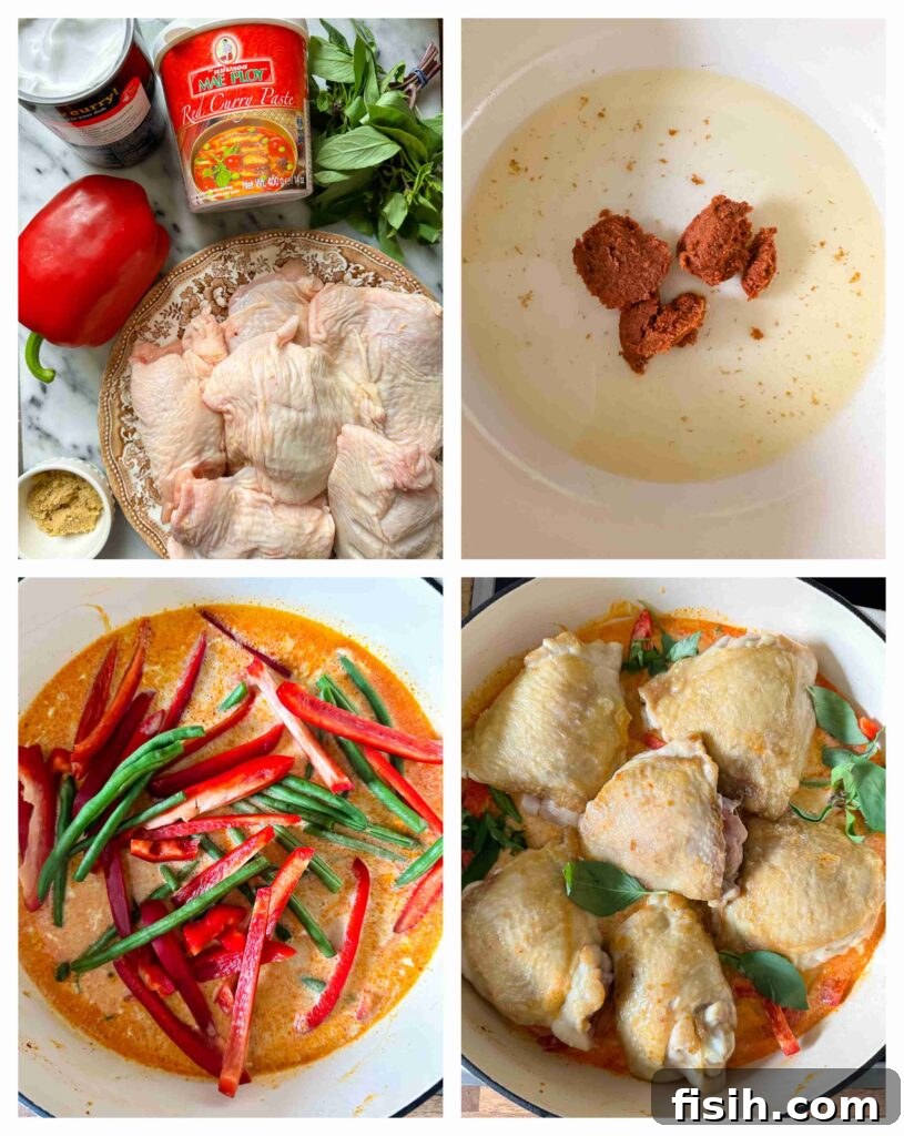 Four process shots showing the assembly of the dish in a pan