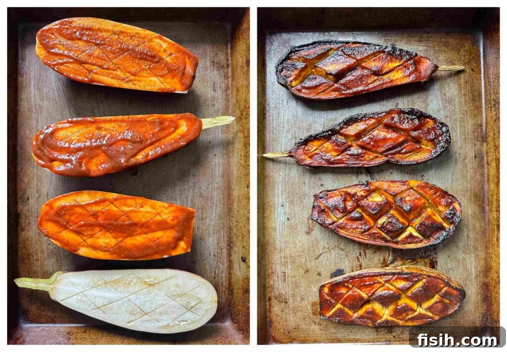 A two-panel image showing the process of glazing and then the final cooked miso aubergine.