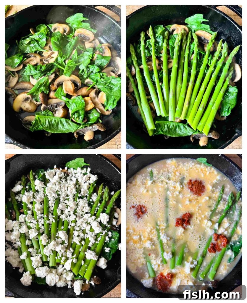 Four process photos demonstrating the step-by-step assembly of the frittata in a cast iron pan