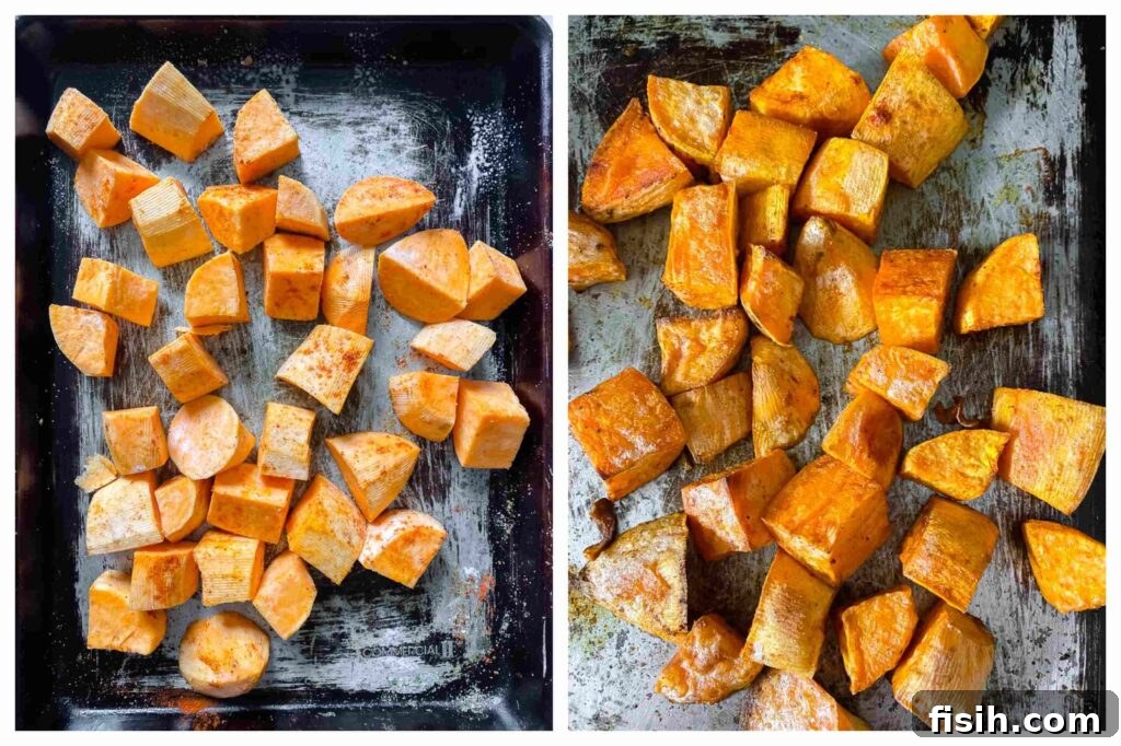 Two images showing cubed sweet potatoes on a baking sheet, ready for roasting, highlighting the simple preparation steps.