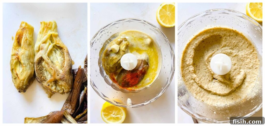 Process shots demonstrating the making of baba ganoush, from roasted eggplant to the final creamy dip.