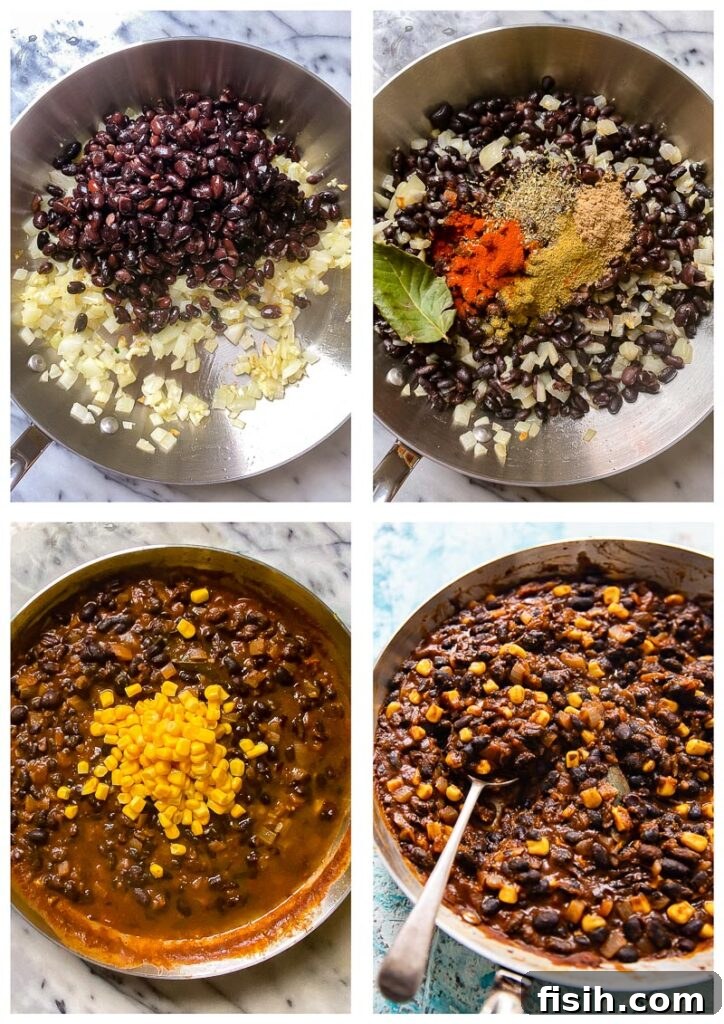 Black Bean Corn Tacos Topped with Zesty Cilantro Lime Slaw 4 Process photographs showing ingredients in a frying pan and final product