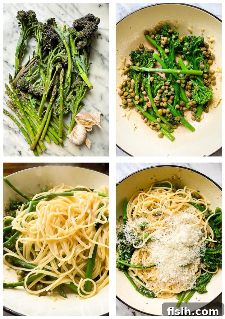 A series of process shots showing the stages of making the Lemon Garlic Pasta in a large frying pan, from adding oil and garlic to combining with pasta and vegetables.