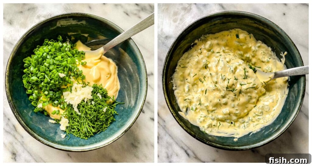 Two shots showing the bowl with the mayonnaise dressing being added and combined