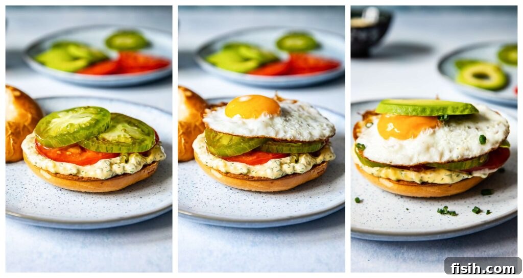Three process shots showing the bagel sandwich being assembled