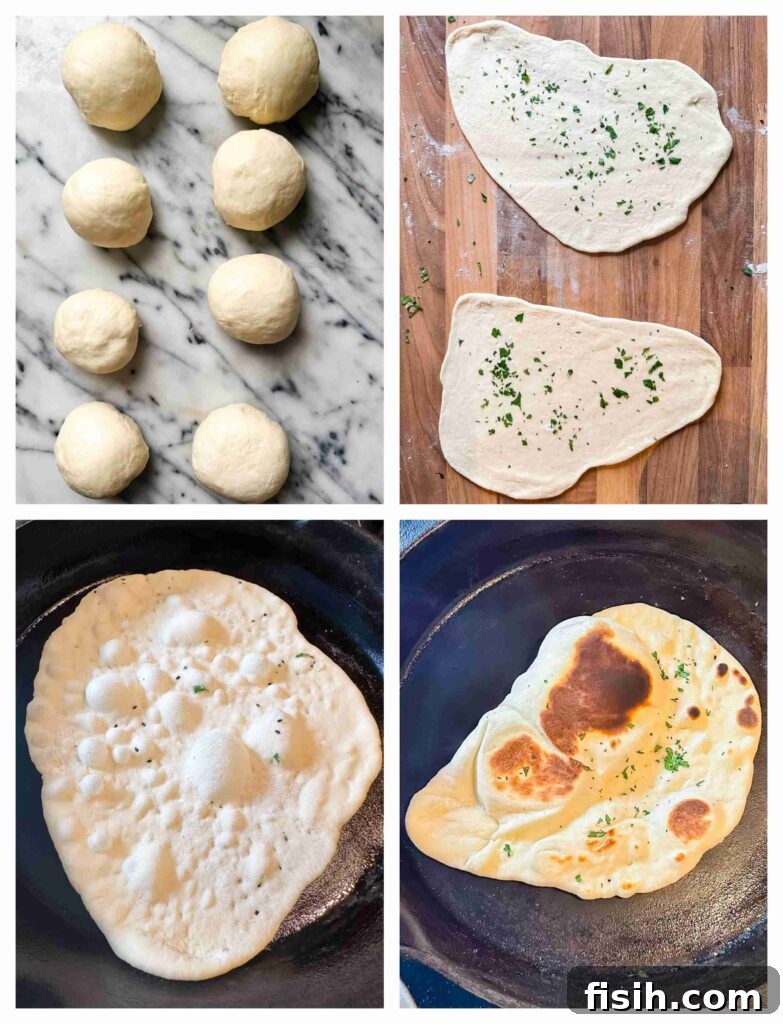 Process shots of naan dough being rolled into even parts before being cooked on a stove, showing the steps for preparation.