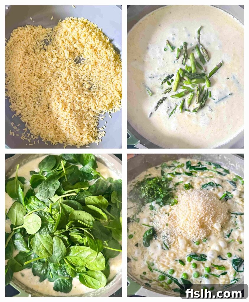 Process shots of creamy sauce being made and cooked with orzo pasta in a pan