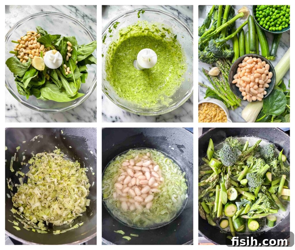 A collage of six step-by-step process shots demonstrating how to prepare and assemble the Spring Minestrone Soup.