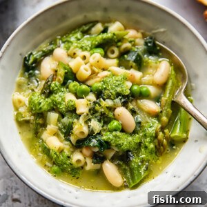 A vibrant bowl of vegetarian Spring Minestrone Soup, garnished with fresh herbs and a spoon, ready to be enjoyed.