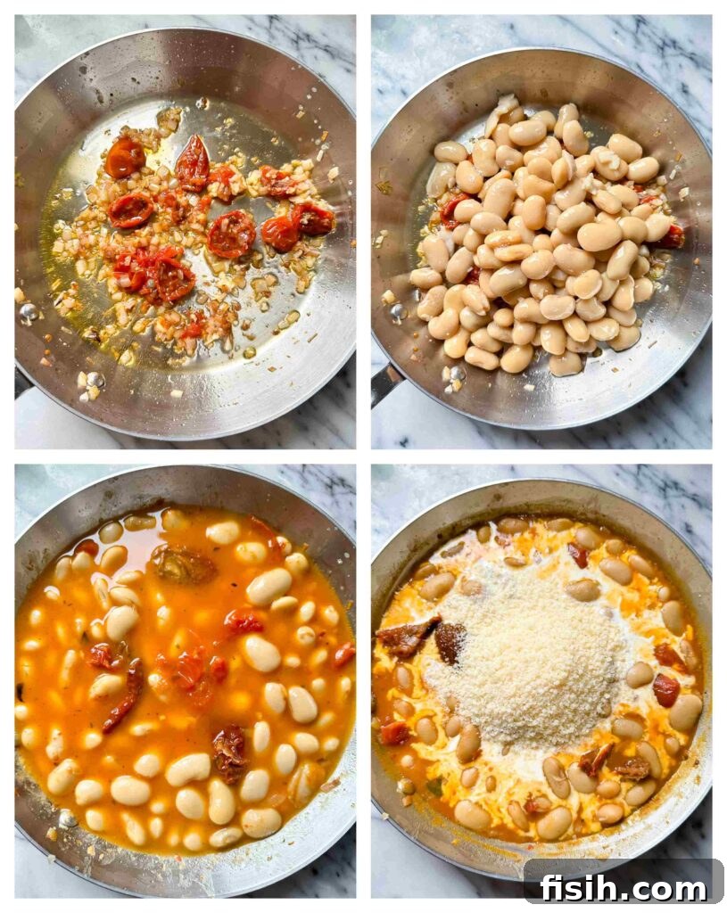 Process shot of sun-dried tomato sauce being combined then cooked with butter beans