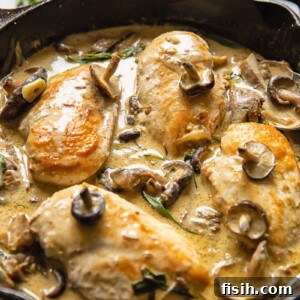 Side shot chicken breasts in forestiere sauce topped with mushrooms in a deep pan