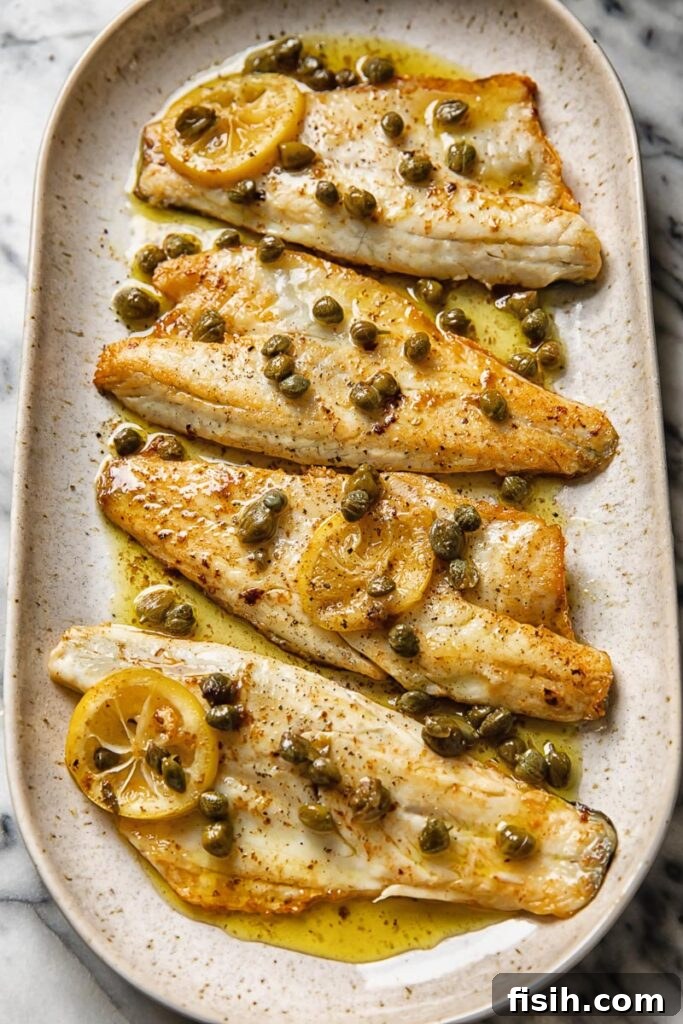 Pan-Seared Sea Bass with Nutty Caper Butter 2 serving plate with four sea bass fillets in brown butter caper sauce, garnished with fresh herbs
