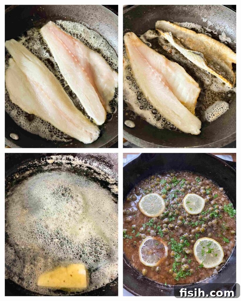 Pan-Seared Sea Bass with Nutty Caper Butter 4 four process shots showing how to cook the fish and sauce, from raw fillets to finished dish