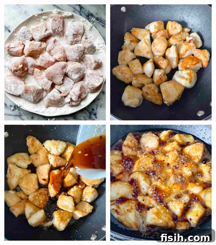 Four process shots showing the step-by-step preparation of honey sesame chicken, from frying chicken to glazing.