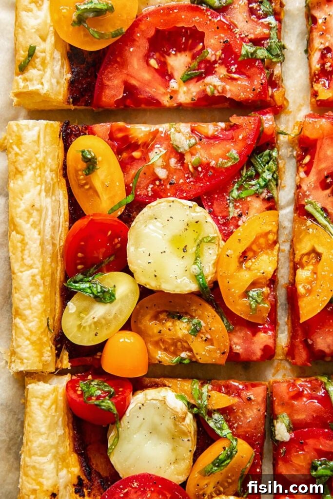 Slices of a golden brown puff pastry tomato tart, topped with colorful heirloom tomatoes and creamy goat cheese, ready to be served on a rustic wooden board.
