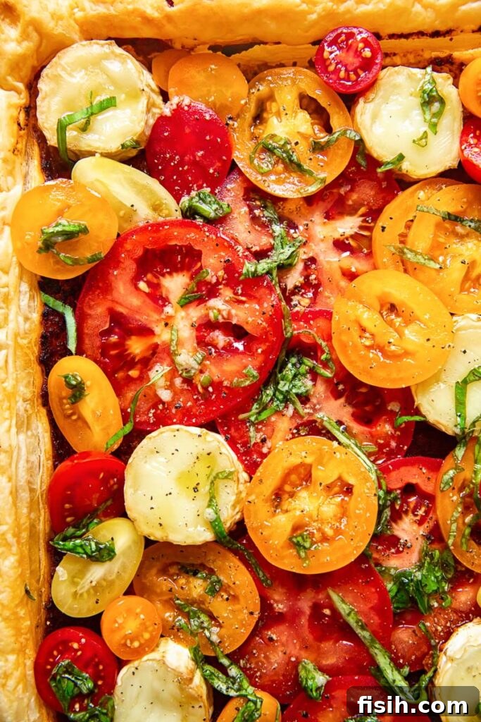 A close-up view of the puff pastry tomato tart, highlighting the arrangement of various heirloom tomatoes, fresh basil leaves, and melted goat cheese on the flaky crust.