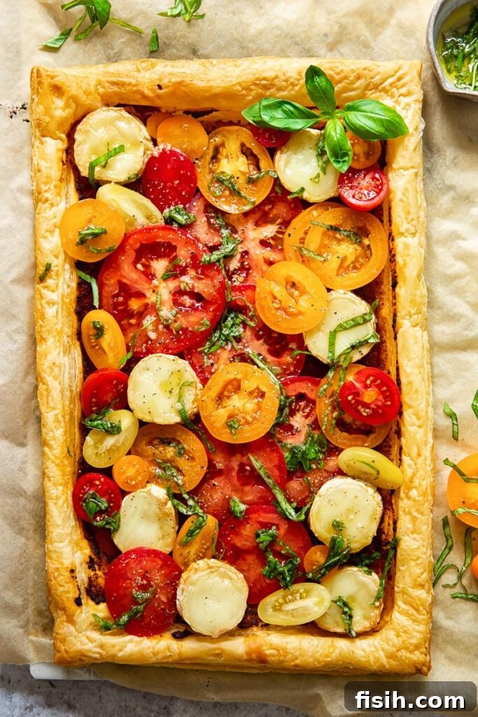 An overhead shot showcasing the entire puff pastry tomato tart, cut into generous squares, revealing its golden crust, colorful tomatoes, and creamy cheese filling.