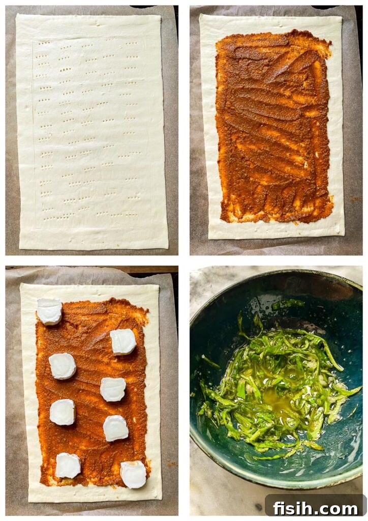 A series of process shots depicting the step-by-step assembly of the tomato tart, from rolling the pastry and adding pesto to arranging goat cheese before baking.
