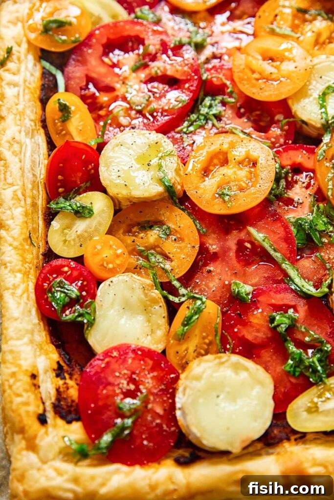 A close-up detail of the finished puff pastry tomato tart, showing the glistening tomatoes, vibrant basil, and golden pastry crust, inviting a delightful bite.