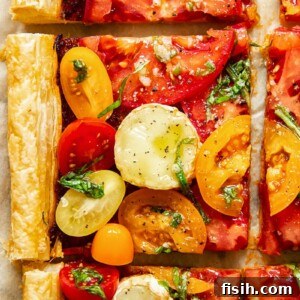 Slices of a golden brown puff pastry tomato tart, topped with colorful heirloom tomatoes and creamy goat cheese, ready to be served on a rustic wooden board.