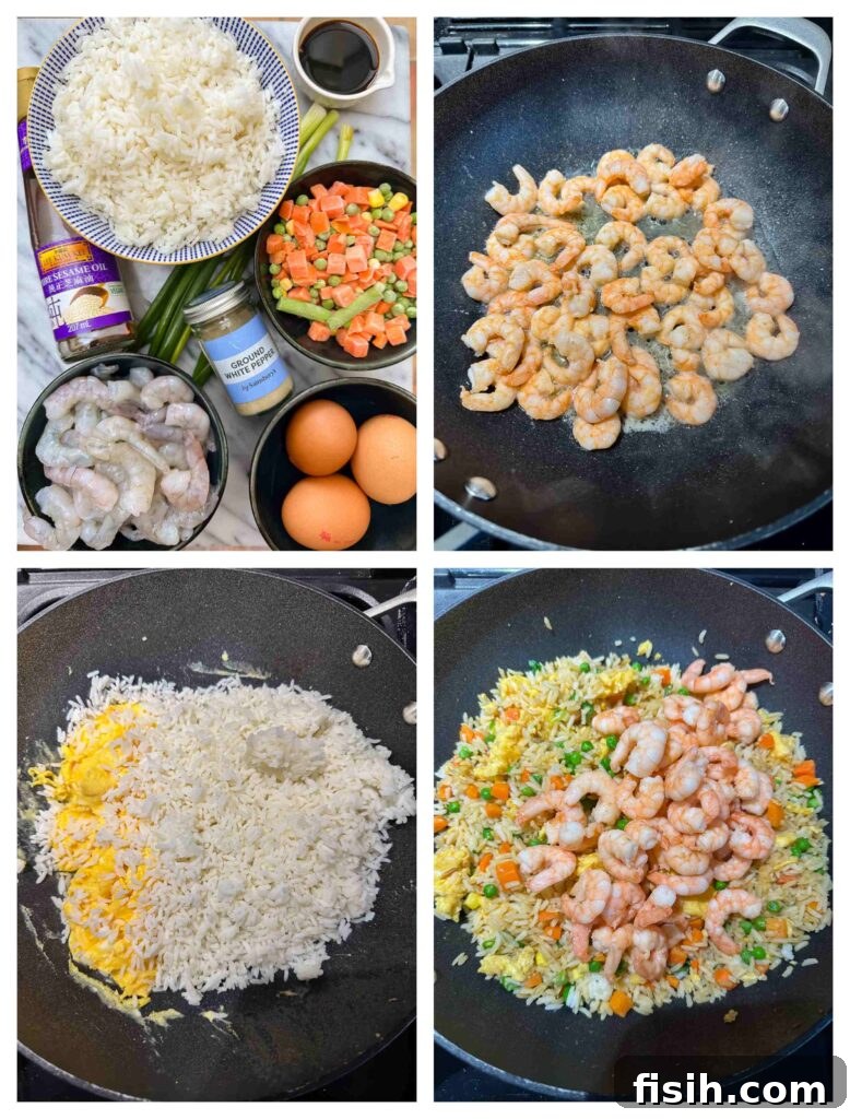 Process shots of shrimp and veg being prepared then fried in a pan with egg and rice