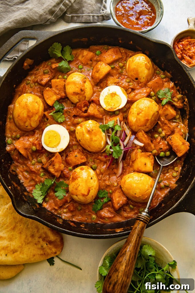 Egg curry in a cast iron frying pan