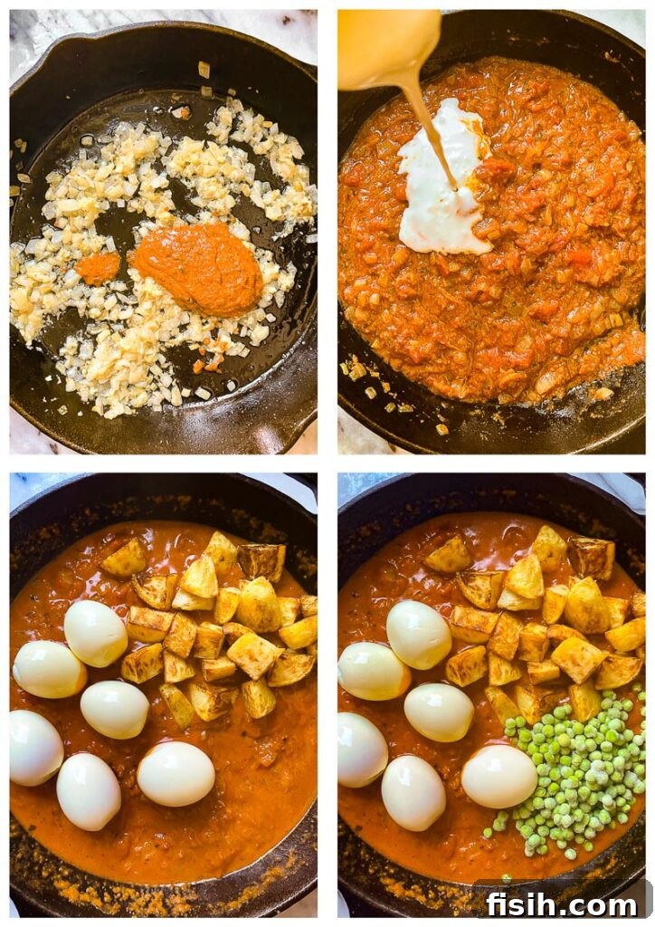 Process shots showing ingredients being added to the pan