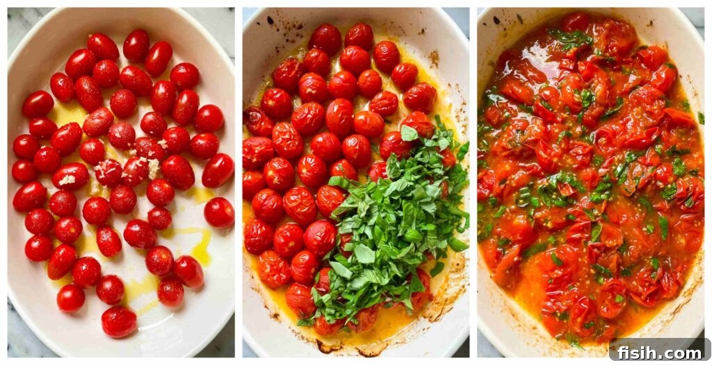 A sequence of three images illustrating the roasting process of cherry tomatoes in a baking dish, from fresh to perfectly burst and caramelized.