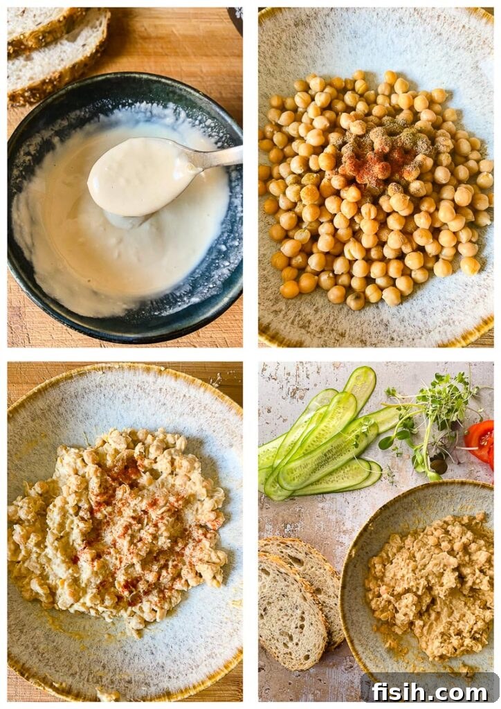 Smashed Chickpea Sandwich 4 Process shots demonstrating how to mix the dressing and chickpeas together for a chickpea salad sandwich.
