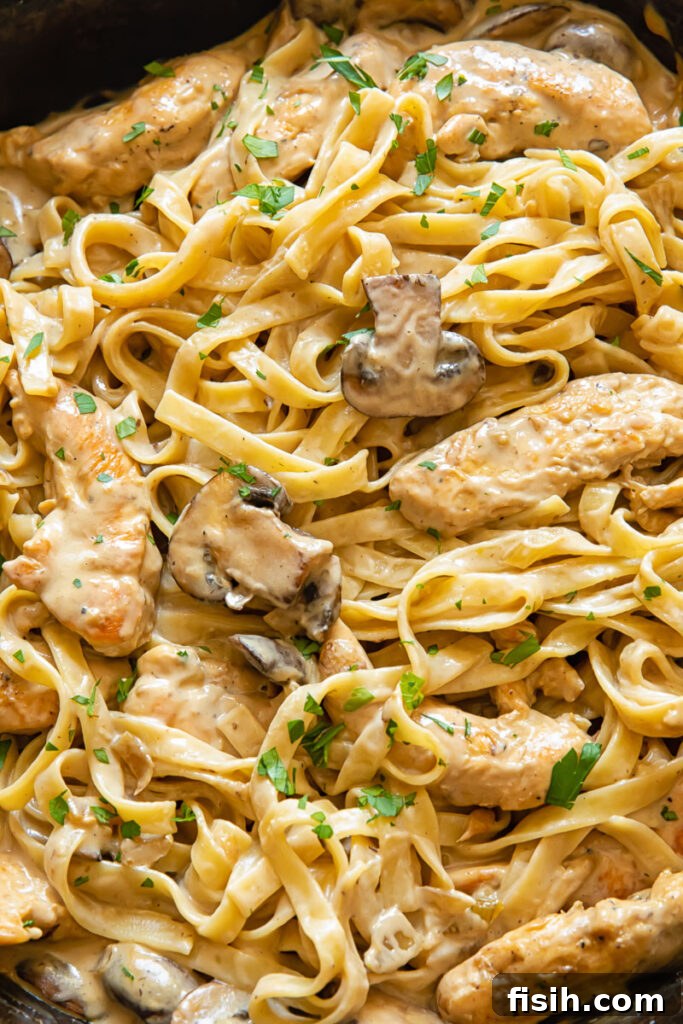 Rich Chicken Marsala Fettuccine 2 Close up shot of fettuccine pasta with mushrooms and chicken strips in a creamy Marsala sauce