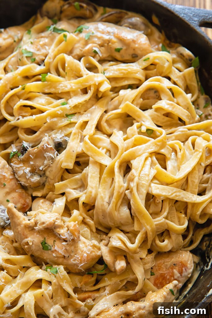 Rich Chicken Marsala Fettuccine 4 Close up shot of fettuccine pasta in a pan with mushrooms Marsala sauce and chicken breasts topped with parsley