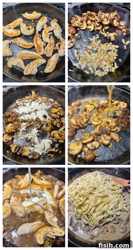 Rich Chicken Marsala Fettuccine 5 Process shots of sauce ingredients being cooked and added to the pasta