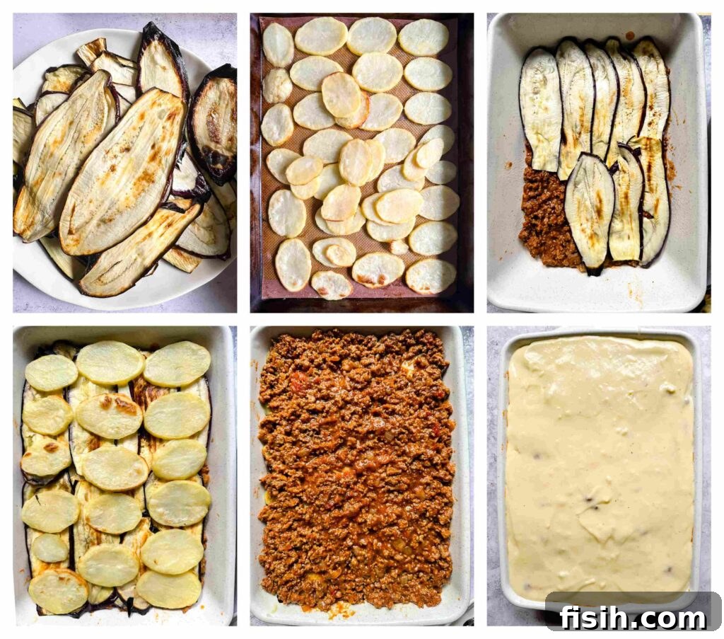 Process shots of eggplant being prepared before layered in a baking dish between mince beef and topped with bechamel sauce