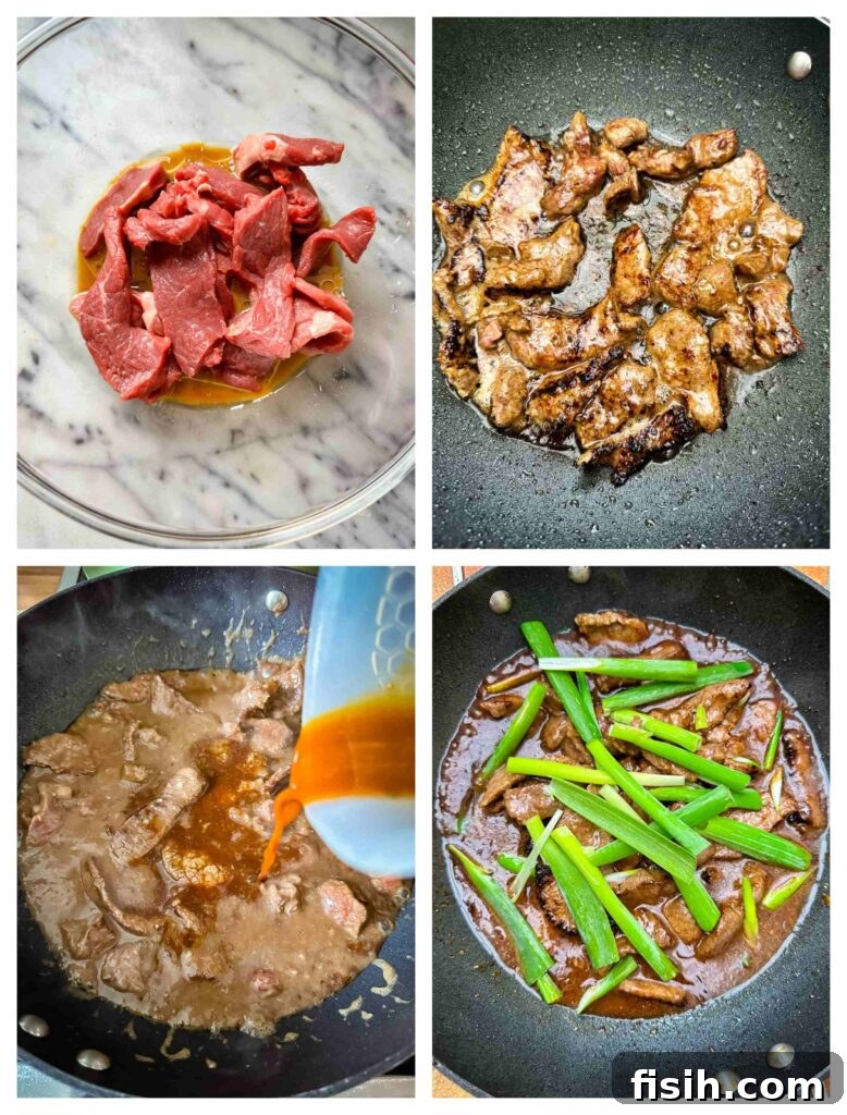 Process shots of beef being marinated before stir fried with green onions and sauce