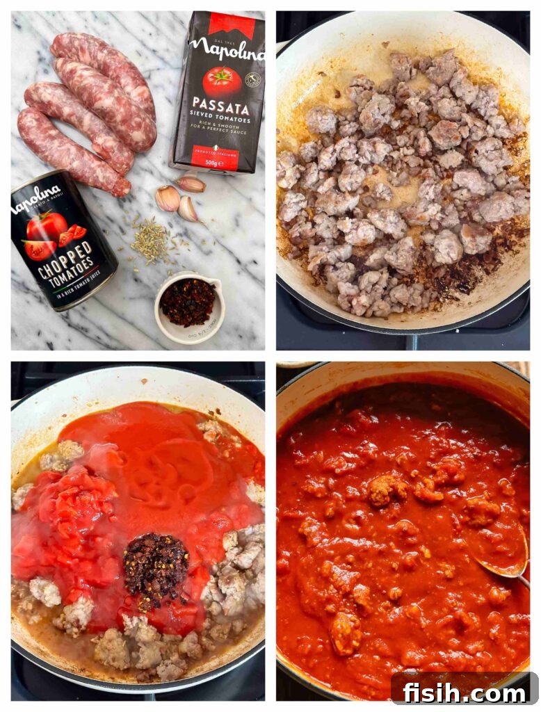 Process shots of sausages being cooked then added to tomato sauce