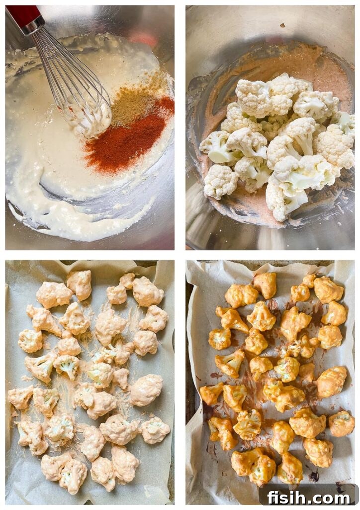 Process shots of florets being coated in batter