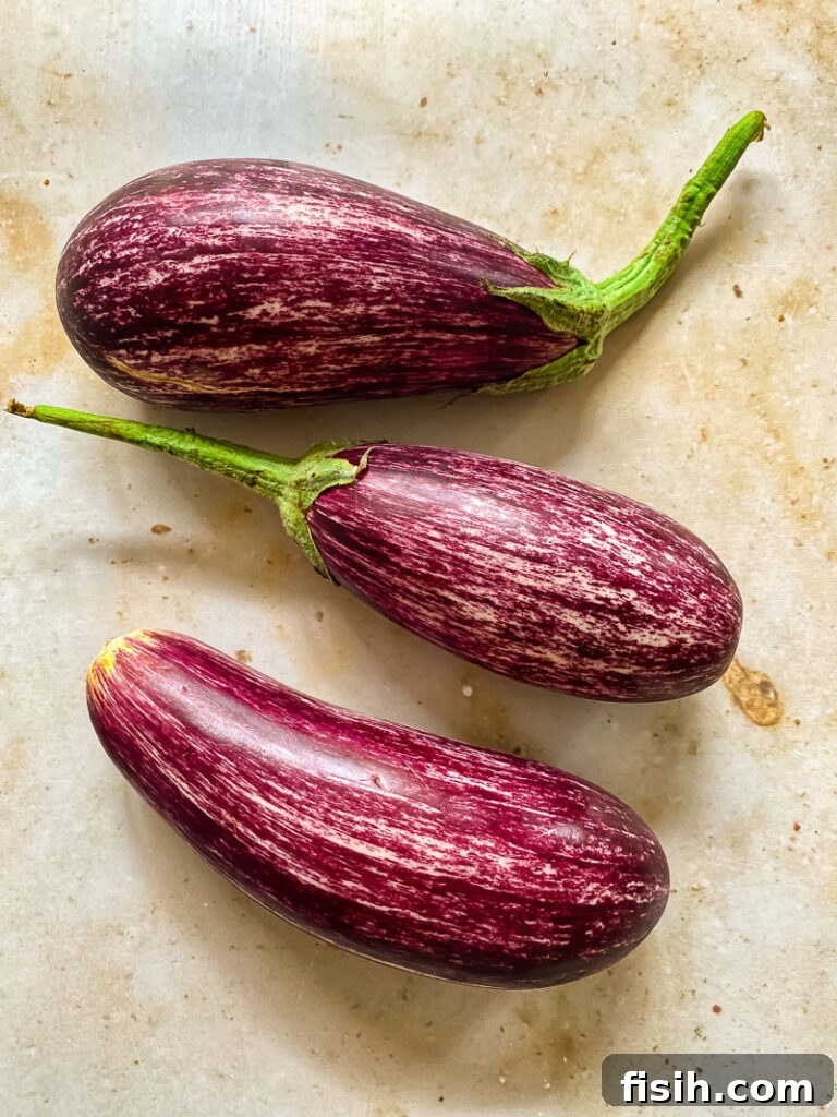 Tahini-Kissed Roasted Eggplant with Garlic 4 Three fresh, firm aubergines resting on an elegant marble background, ready for preparation.