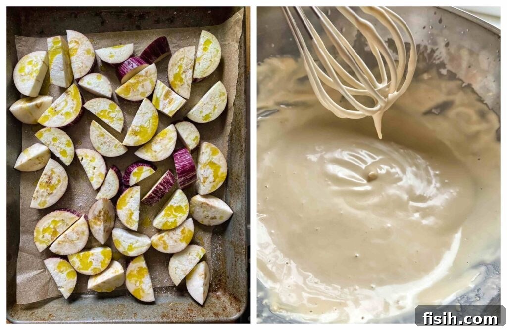 Tahini-Kissed Roasted Eggplant with Garlic 5 A multi-panel image showcasing the cooking process, including aubergine pieces on a baking sheet and ingredients for the tahini sauce.