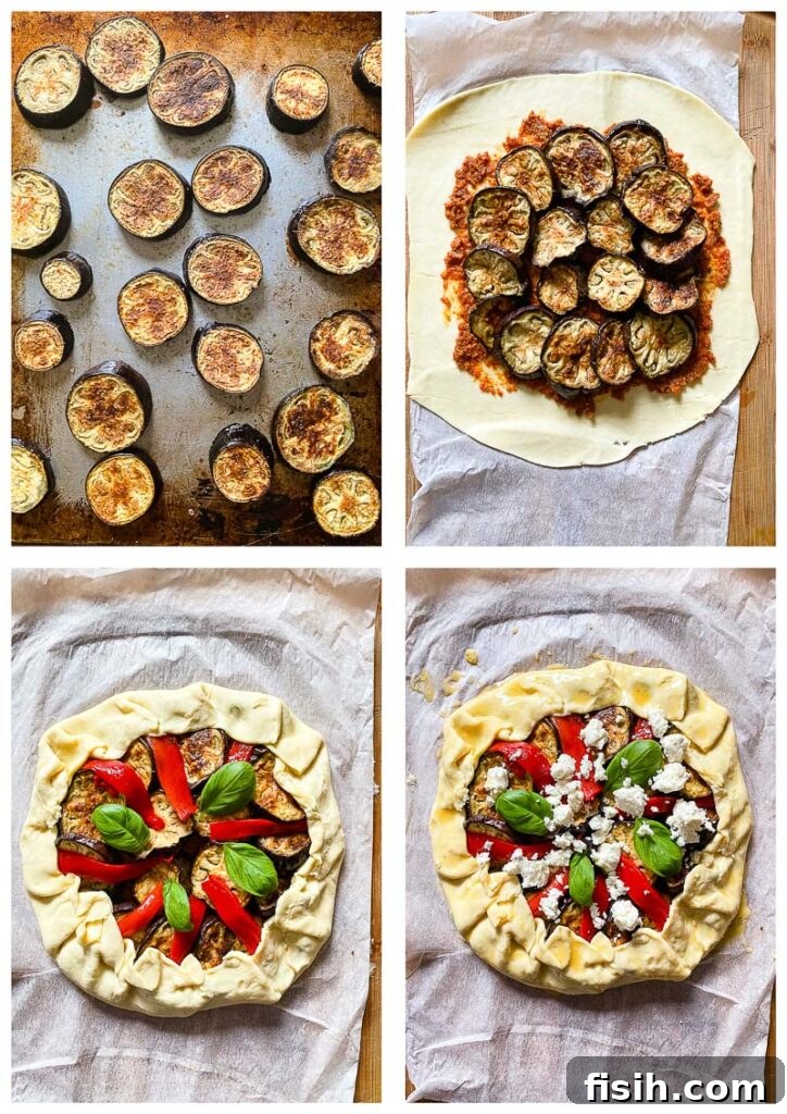 Four process shots demonstrating the step-by-step creation of the savory galette, from dough to finished product.