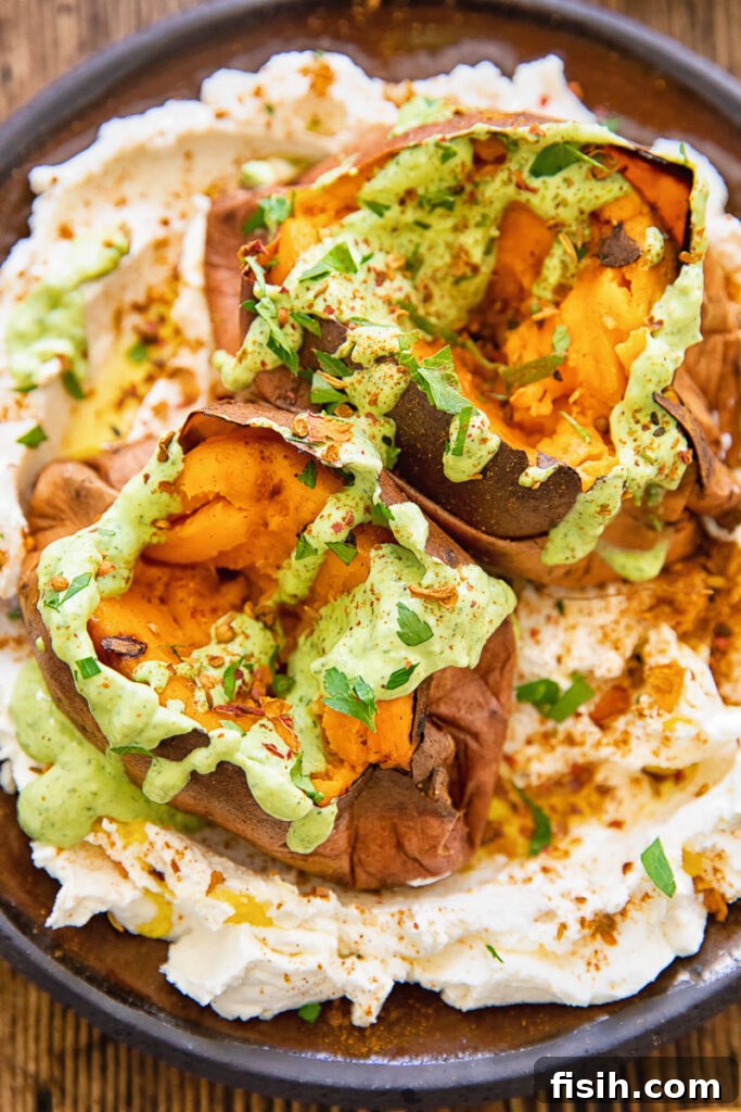 close up of roasted sweet potato with the tahini sauce