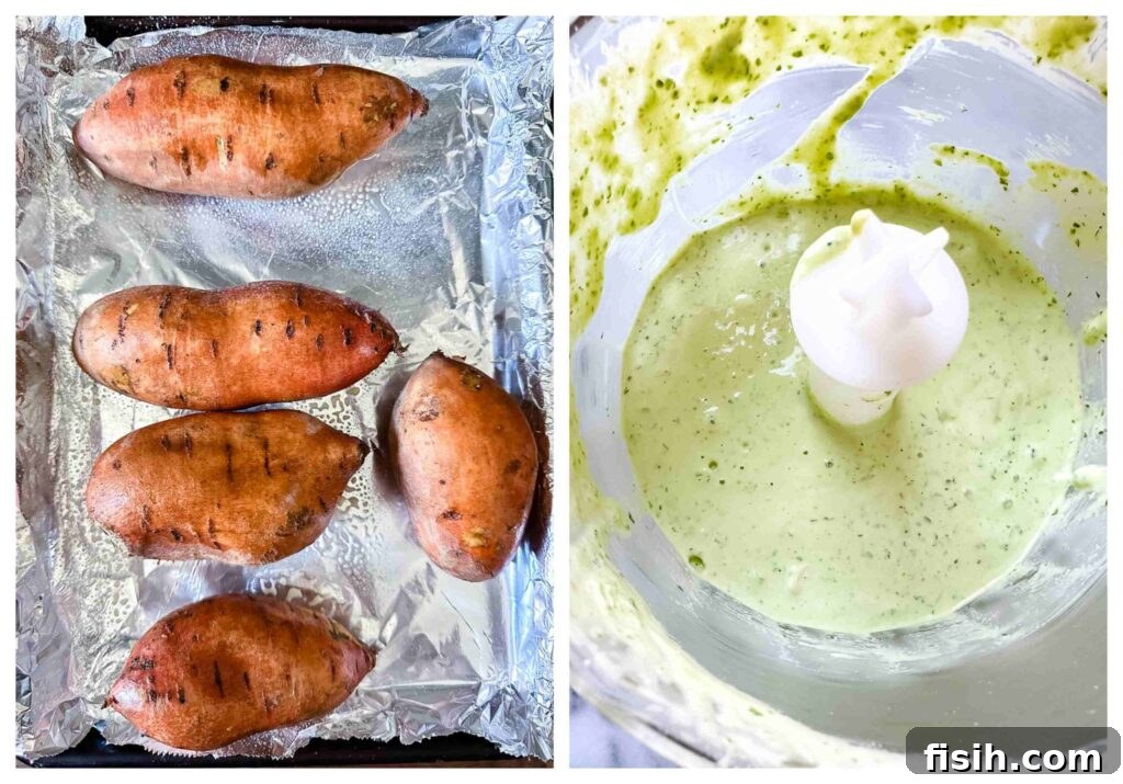 two process shots with roasting potatoes and food processor with sauce