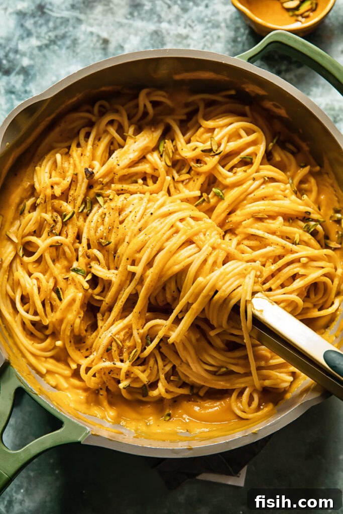 Top down of a pan with roasted butternut squash pasta