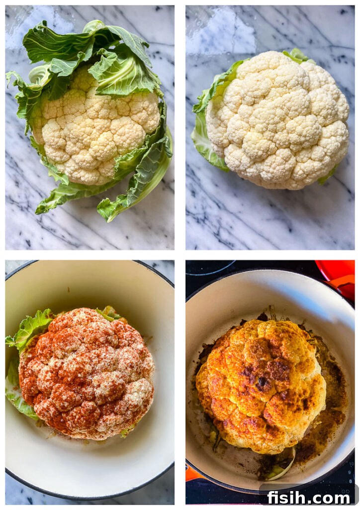 Four process shots showing the roasting of the cauliflower head