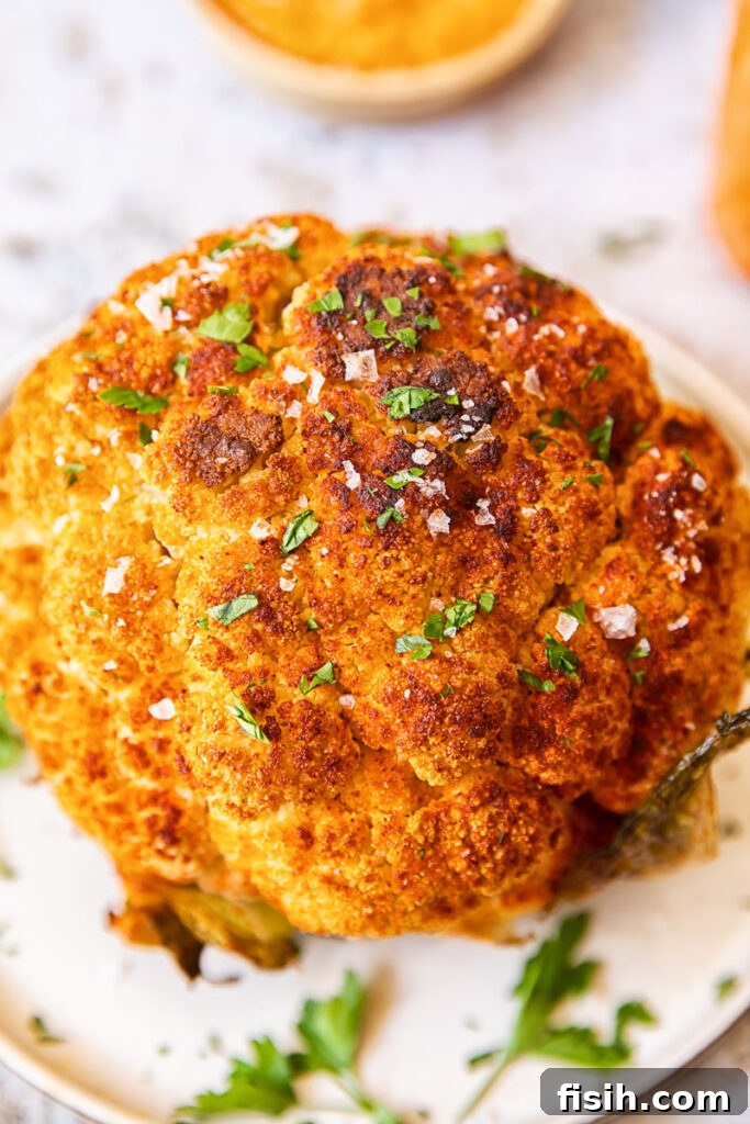 Close up of a head of roasted cauliflower
