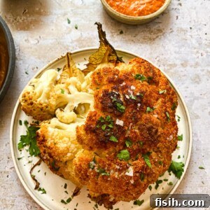 Roasted cauliflower on a plate from the top down
