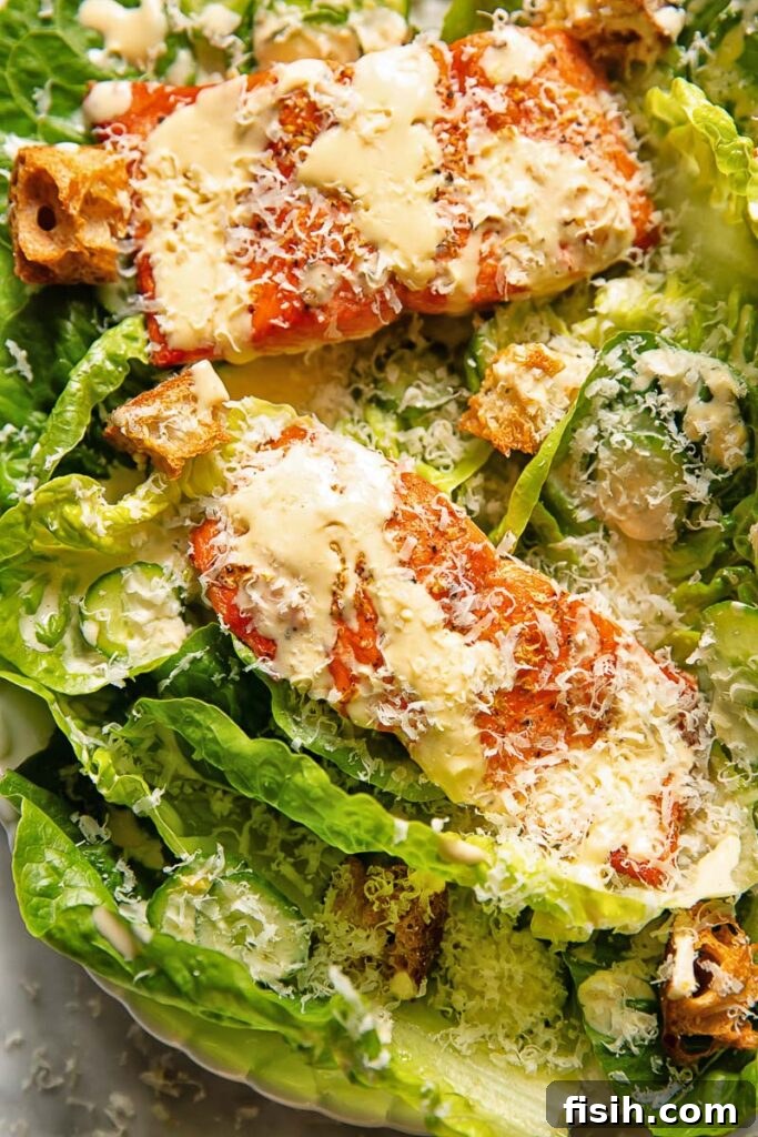 Elevated Salmon Caesar 2 Close up shot of salmon fillets on a bed of lettuce with croutons, topped with Caesar dressing