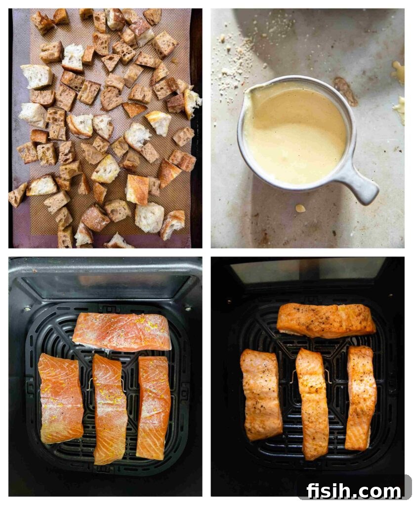 Elevated Salmon Caesar 4 Process shots of croutons being bakes, Caesar dressing in a bowl and salmon being fried