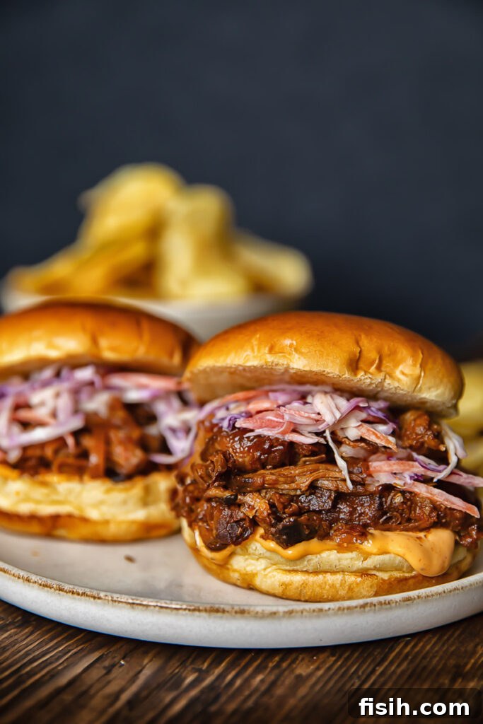 Pulled Pork Sandwich Delights 3 Side shot of two pulled pork sandwiches on a plate with frie in the background