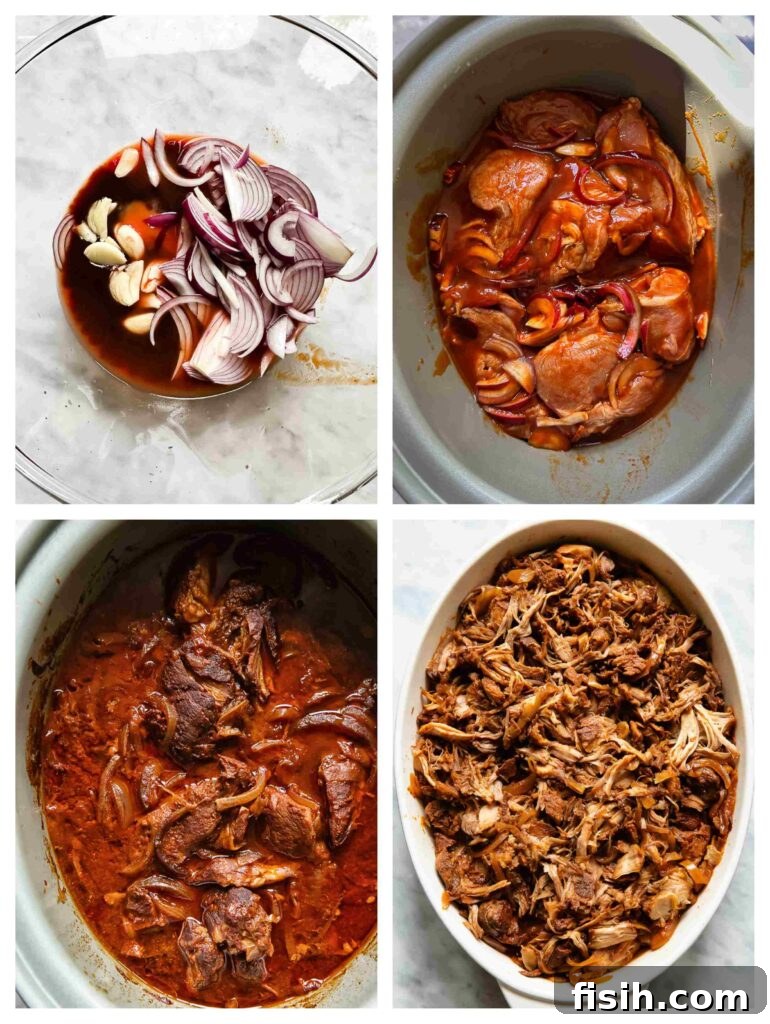 Pulled Pork Sandwich Delights 5 Process shots of pork being marinated, slow cooked and pulled