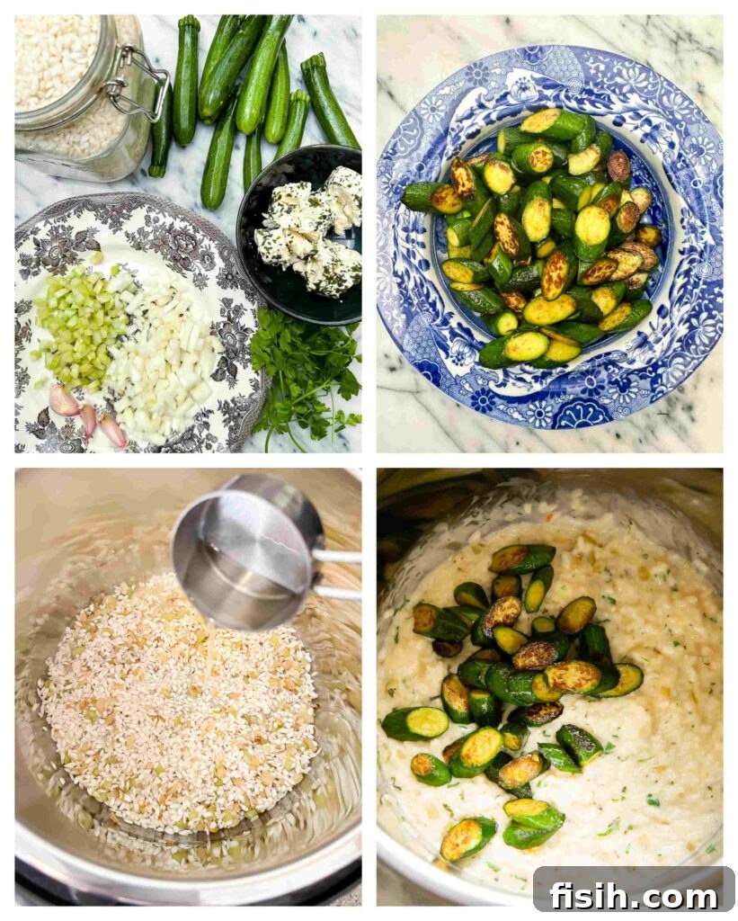 Creamy Instant Pot Zucchini Risotto with Garlic-Herb Boursin 5 Process shots of veg being cut up before added to instant pot with rice and chicken stock
